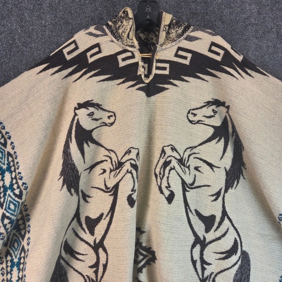 Southwestern Horse Hooded Poncho Blanket Shawl Fringe Cape Western Aztec Boho - Picture 14 of 16
